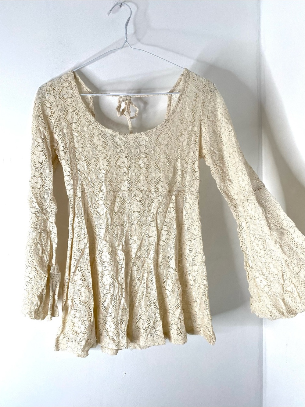 Cream Lace Babydoll Blouse Bell Sleeve Empire Waist Tie Shoulder Romantic Top